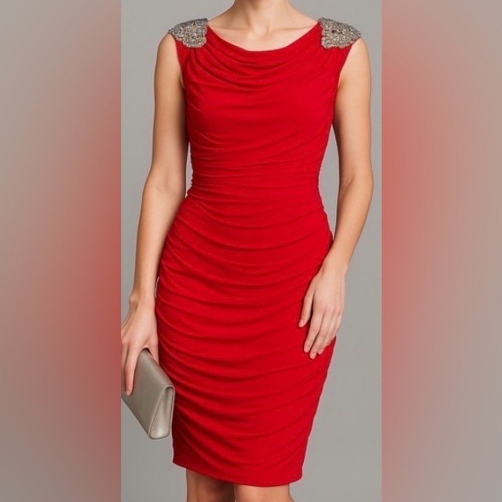 JS Boutique Red Rhinestone Embellished Ruched Cocktail Holiday Dress Size 12